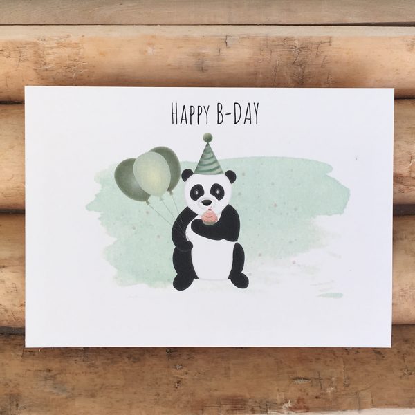 Felicitatie wenskaart Happy b day pandabeer met ballonnen en cupcake