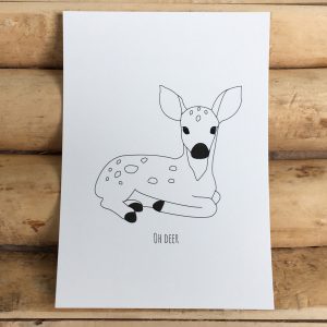 Decoratief kaartje zwart wit met tekst Oh deer en hertje