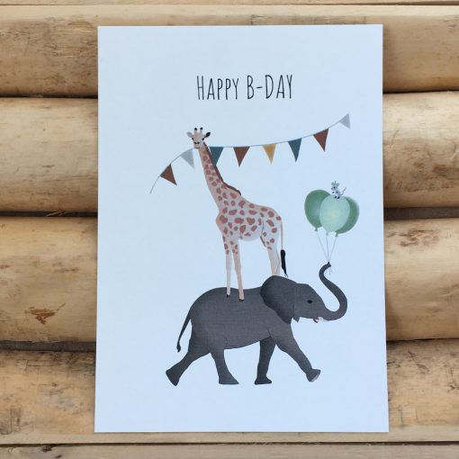 Felicitatie wenskaart Happy b day safarie dieren slingers en ballonnen