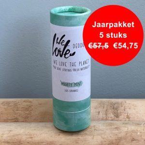 Natuurlijke deodorant sticks - Jaarpakket - 5x Mighty Mint, 65 gram. Zonder synthetische stoffen, aluminium en parabenen.