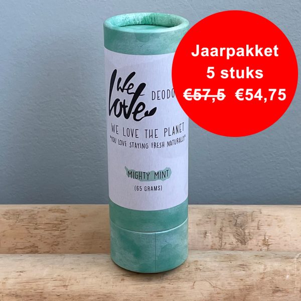 Natuurlijke deodorant sticks - Jaarpakket - 5x Mighty Mint, 65 gram. Zonder synthetische stoffen, aluminium en parabenen.